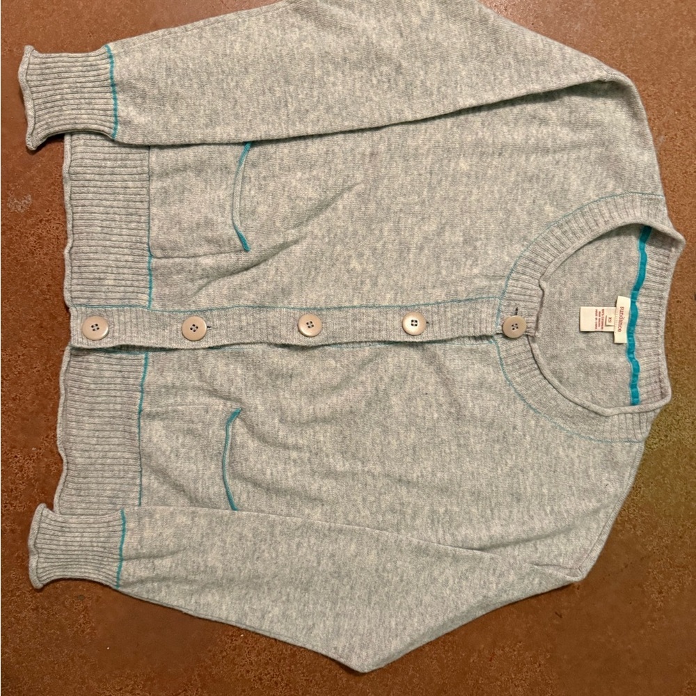 Sundance Light Gray Sweater with Teal Trim